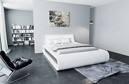 Boxspringbett Sorano Leder mit LED Licht Podest Hotelmatratze Lederbett in 140x200 160x200 180x200 200x200 200x220 (140 x 200 cm, Weiß-Grau)