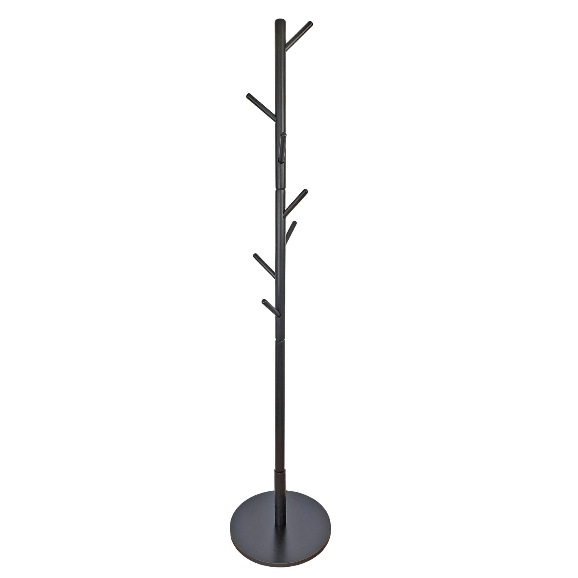 Wooden Coat Stand with Round Base, Freestanding Coat Rack, Adjustable Height Coat Tree with 8 Hooks for Hanging Clothes, Jackets, Bags, Hats (Black)