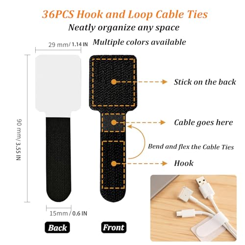 36PCS Cable Organizer Hook and Loop Cable Ties, Self Adhesive Hook and Loop Cable Straps Sticky-back Cable Management Cord Organizer Cable Clip for Household & Office Essentials (White*36) miniatura 2