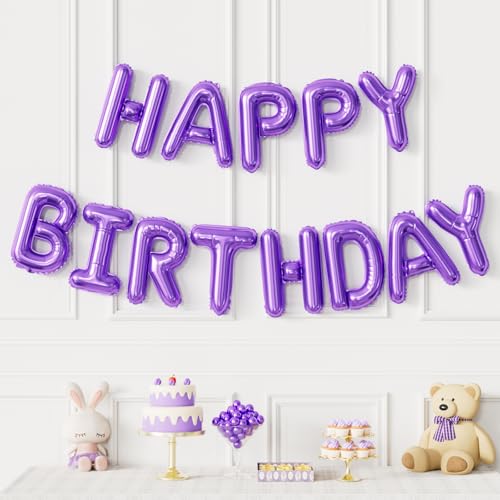 Image of Purple Happy Birthday Balloon Banner, 16 Inch Foil Letter Balloons, Purple Birthday Decorations for Women Girls Teens, Adult Birthday Party Photo Backdrop