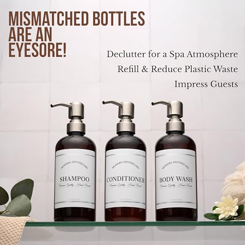 Amber Refillable Shampoo and Conditioner Bottles - Body Wash, Shampoo and Conditioner Dispenser - PET Plastic Shampoo Bottles Refillable with Pump - Waterproof Labels - 16 oz, 3 Pack (Stainless Steel)2