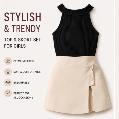 Image of RIYANSHI Girls Sleeveless Ribbed Top & Button Skirt Set | Stylish Two-Piece Casual Outfit & Everyday Wear