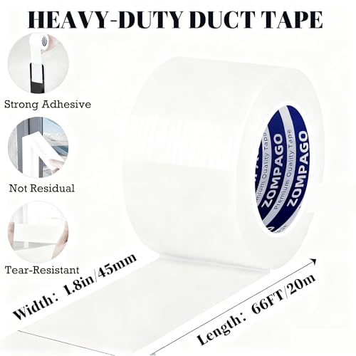 Image of ZOMPAGO Duct Tape Heavy Duty Waterproof, White 1.8 inch x 66FT, Tear by Hand, No Residue, Strong Adhesive, All-Weather for Indoor Outdoor Repair, Pipe Leak, RV, Roof, Camping