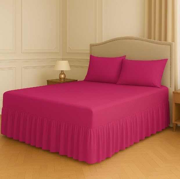 Polycotton Fitted Valance Sheet - Bed Skirt 25cm Deep with 30cm All-Around Frill - Soft Easy Care Wrinkle Resistant Base Cover - Secure Fit Bedding Valance (Fuchsia, Double)