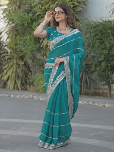 Image of Satrani Women's Shimmer Chiffon Scalloped Border Sequins Embroidery Saree with Unstitched Blouse Piece