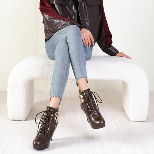 Image of Susanny High Heel Boots for Women,Womens Platform Boot Heels Sexy Round Toe Lace UP High Heels Mid Calf Boots