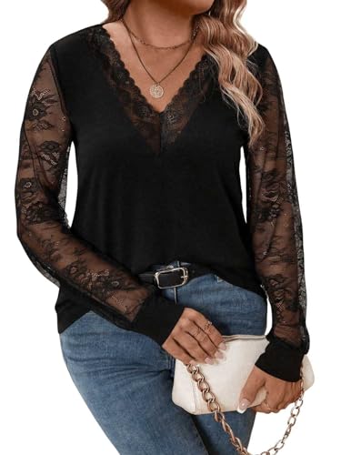 SweatyRocks Women's Plus Size Lace Tops Mesh Long Sleeve V Neck Fitted Tees Shirts