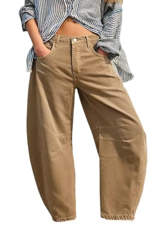 Barrel Jeans Women Mid Rise Barrel Leg Pants, Wide Leg Boyfriend Jeans for Women Retro Denim Baggy Vintage Horse Shoe Jeans