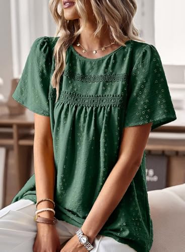 Image of Falechay Womens Summer Tops Crewneck Short Sleeve Shirts Casual Chiffon Blouses Flowy Lace Hem Boho Clothing Trendy 2026