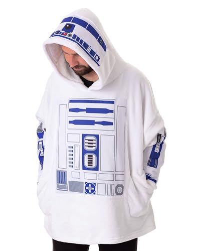 STAR WARS R2D2 Unisex Wearable Blanket Hoodie | Adults White Hooded Pullover with R2D2 Astromech Droid Graphics | One Size