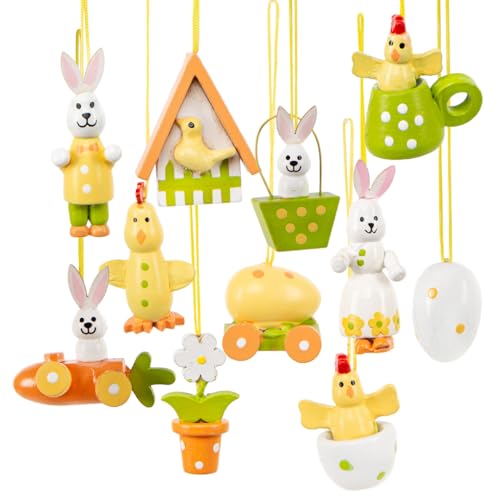 Logbuch-Verlag Holz Osterdeko zum Aufhängen Set 11-teilig Bunte Osteranhänger Osterhase Osterei Küken Frühlingsdeko Nostalgie 3,5-5 cm