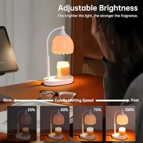 Image of Creamy Pink Tulip Wax Melt Warmer with Timer, Dimmable & Height Adjustable, Ideal for Jar Candles, Perfect Home Decor for Bedroom, Living Room, Office, Great Gifts for Women (2 Bulbs Included)