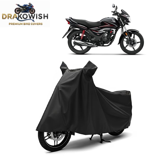 Image of DRAKOWISH Waterproof Bike Cover for Honda Shine | All Weather Protection from Rain, Dust, UV Rays & Scratches with Mirror Pockets & Buckle Belt | Shine Bike Cover