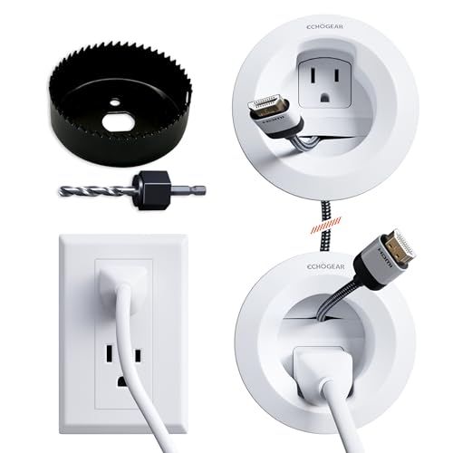 ECHOGEAR in-Wall Cable Management Kit for Power & Low Voltage Cords – Hide TV Wires Behind The Wall – Includes 3.75” Diameter x 3.25” Depth Modules, 6ft Extension Cord, Drywall Hole Saw Attachment