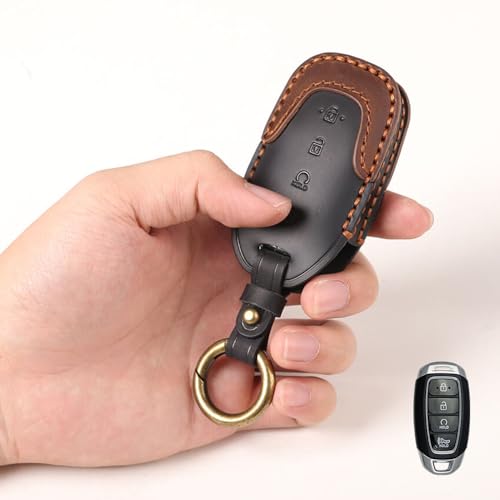 Image of Keyzone Dual Leather Key Cover for Hyundai Verna 2020 Onwards 4 Button smart Key (Black-Brown)