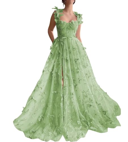 Women's 3D Butterfly Prom Dresses Tulle Ball Gown Fairy Corset Long Slit Lace Applique Formal Evening Dress