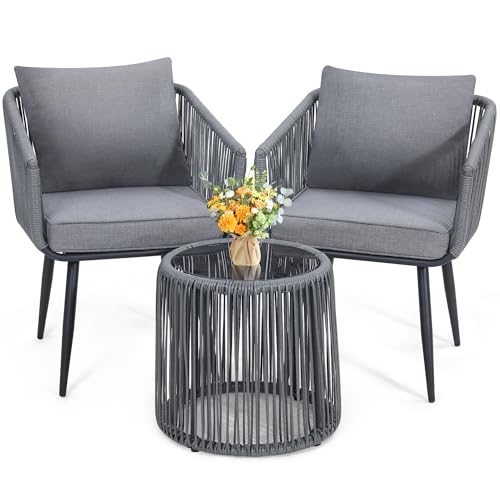 Image of Kromax 3-Piece Patio Rattan Bistro Conversation Set, Grey | Outdoor All-Weather Wicker Furniture Chairs and Side Table Set, Ideal for Balcony, Porch and Backyard