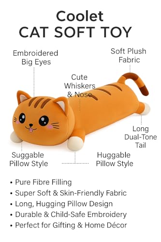 Image of cat Soft Toys and Pillow Kids, Plush Hugging Cushion, - Long Hugging Plush Toy for Kids & Girls | Ultra-Soft Sleeping Cushion | Cute Animal Stuffed Toy (60 cm) (Light Brown)