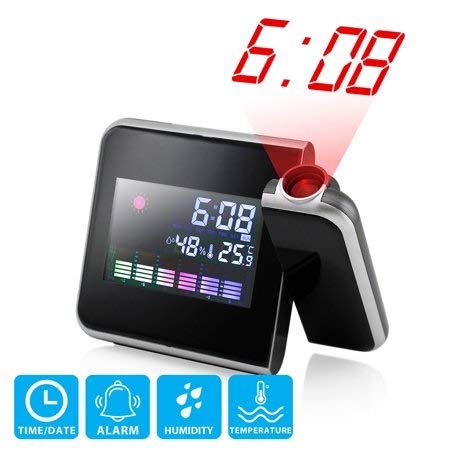 GEARONIC TM Projection Digital Weather Black LED Alarm Clock Snooze Color Display w/ LED Backlight