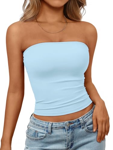 Trendy Queen Womens Strapless Tube Tops Basic Backless Sleeveless Bandeau Going Out Crop Tops Cute 2026 Summer Clothes Baby Blue M