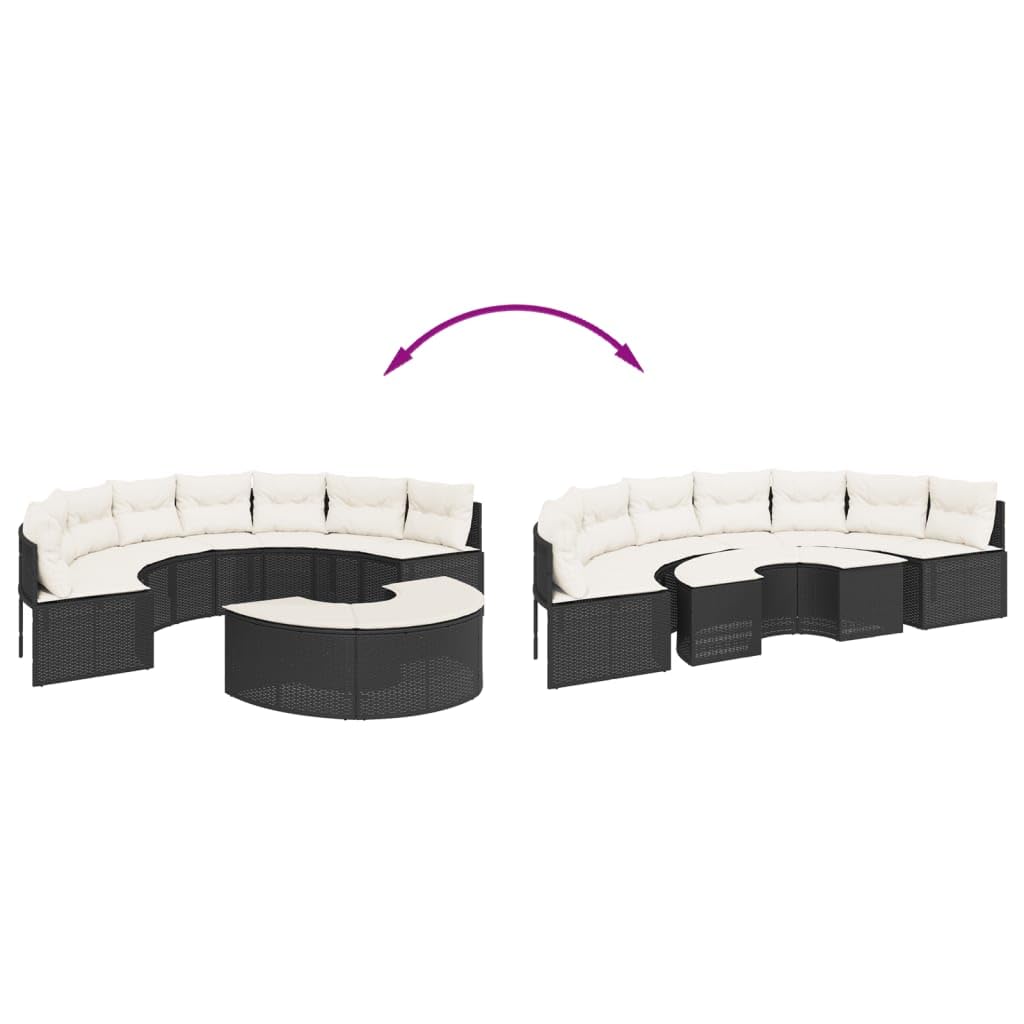 Sofá De Jardín Semicircular De Ratán Sintético - Con Cojines, Negro, Ideal Para Terraza O Exterior, Resistente A La Intemperie