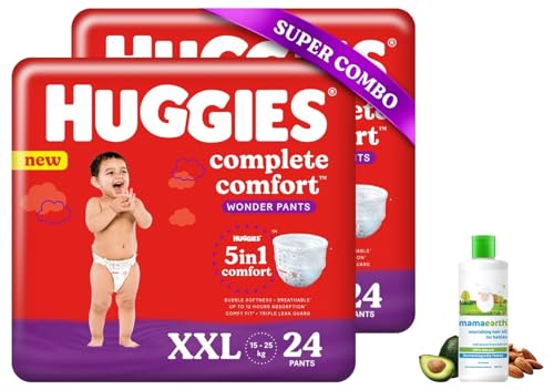 Image of Huggies Complete Comfort Wonder Pants, Double Extra Large (XXL) Combo Pack of 2, 24 count Per Pack, (48 count) & Mamaearth Nourishing Baby Hair Oil, with Almond & Avocado Oil - 200 ml, 1 piece