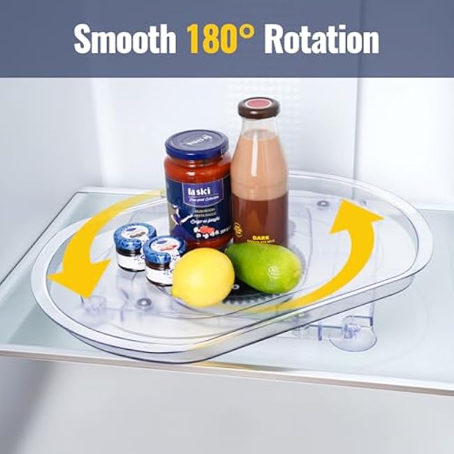 NiHome Refrigerator Lazy Susan Turntable Organizer 16.5x11x1.85, 180¡ã Smooth Rotation Clear Plastic Shelf Tray with Suction Cups, Space-Saving Fridge Storage Rack for Cabinets, Pantry, Countertop