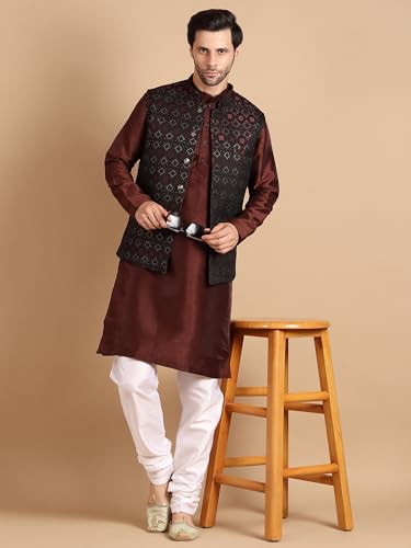 Image of men's Silk Blend Kurta Pejama & Waistcot Set