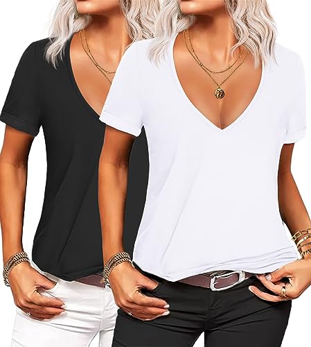 Beyove Women's Deep V T-Shirt Summer Short Sleeve Loose Casual Top(S-3XL)