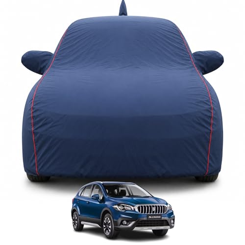 Image of Premium Car Cover for Maruti S-Cross (2020-2026) Models | 100% Waterproof, UV & Dust Protection | Mirror & Antenna Pocket | Triple Stitched, Soft Inner Lining, Belt & Buckle (Navy Blue)
