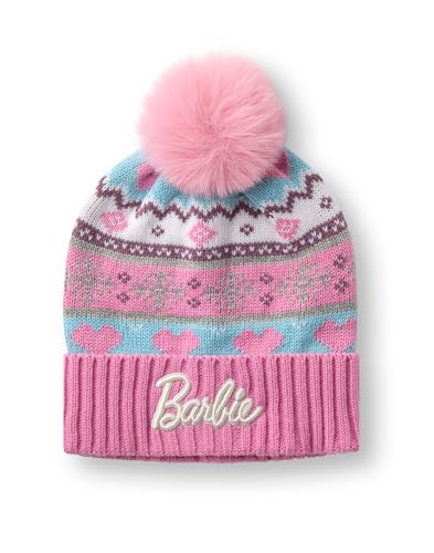 Barbie Girls Pink Fair Isle Beanie and Gloves Set - One Size | Winter Knit Accessories for Kids Fair Isle Design3