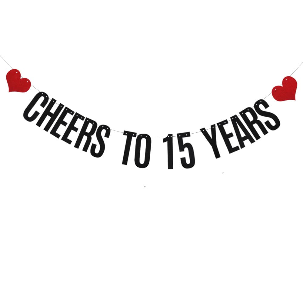 XIAOLUOLY Black Cheers to 15 Years Glitter Banner,Pre-Strung,15th Birthday/Wedding Anniversary Party Decorations Bunting Sign Backdrops,CHEERS TO 15