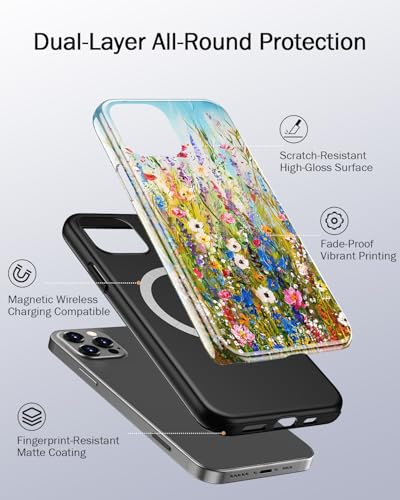 Image of Goodon for iPhone 12 Pro Case /iPhone 12 Case Cute - Wireless Charging Compatible - Dual-Layer Hard Shell + Silicone Cover - Protective Phone Case, Trendy Designs for Women - Wildflowers Painting