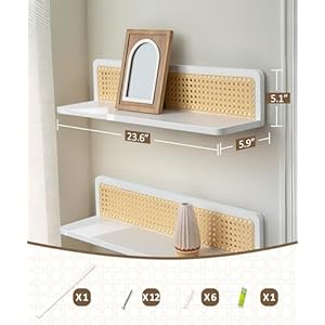 Rattan Floating Shelves, 23.6 Inch Boho Cane Webbing Wall Shelves Farmhouse Display Storage Organizer White Bookshelves Wicker Room Decor for Living Room Bedroom Entryway Hallway, Set of 2 Rattan Floating Shelves 236 Inch Boho Cane Webbing Wall Shelves Farmhouse Display Storage Organizer White Bookshelves Wicker Room Decor for Living Room Bedroom Entryway Hallway Set of 2