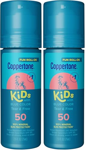 Coppertone Kids Roll On Sunscreen Lotion SPF 50,Tear Free Kids Sunscreen with Blue Color and Zinc Oxide Sun Protection,2.5 Fl Oz Tube,(Pack of 2)