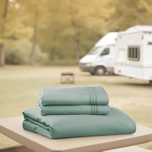Image of Nestl Sage Green Short Queen Sheets for RV, Hotel Luxury RV Queen Sheets Set, 4 Piece Fitted Bed Sheet Set and Pillowcases, Super Soft, Wrinkle-Free, and Breathable Camper Bedding