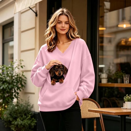 V Neck Sweatshirt with Dog Pouch Women Pet Carrier Pullover Kangaroo Pocket - image 2