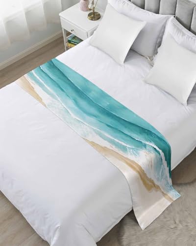 DecorLovee Teal Waves Coastal Bed Runners for Twin Size Bed, Decorative Bed Throws for Foot of Bed, Summer Beach Nautical Ocean Bed Runner Sofa Throw Bedding Scarf Protector Slipcover for Bedroom