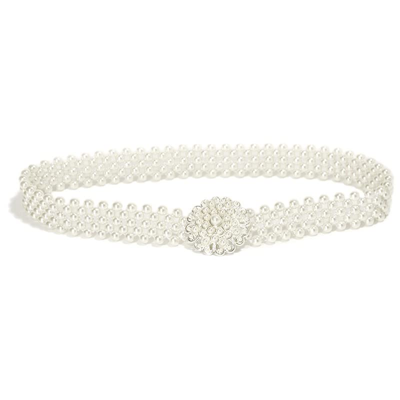 Pearl Belt Girl Pearl Flower Rhinestone Adornment Elastic Waist Chain with White Dress3