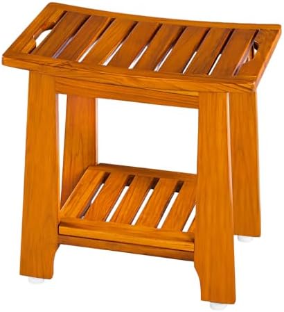 14" Compact Teak Shower Stool with Shelf & Handle - Waterproof, N...