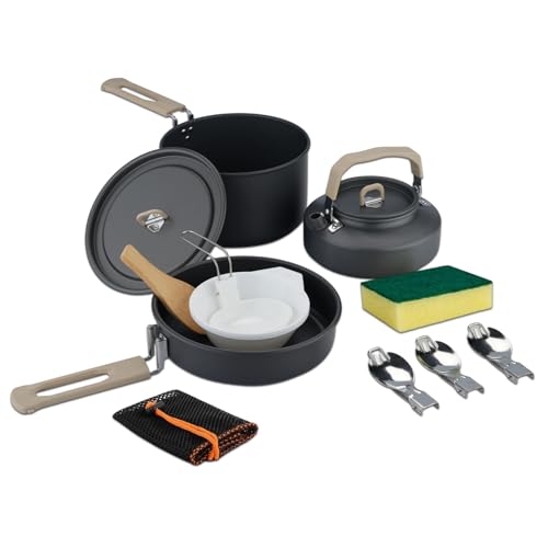Camping Cookware Set, ISFORU 13PCS Non-Stick Camping Pots and Pans Cookware Set with Kettle Plastic Bowls and Utensils, Compact Cooking Kit for Hiking, Backpacking & Survival