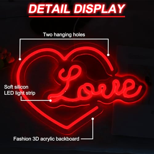 Image of Heart Love Neon Sign, Valentines Day LED Light, USB Powered Dimmable LED Sign for Wall Decoration, Party, Wedding, Bedroom, Living Room, 15.7 inchx11.4 inch