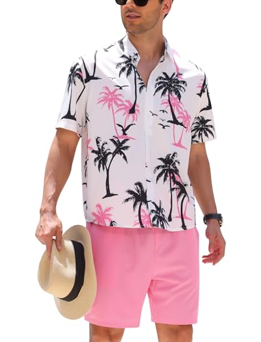 OLEMEK Men's 2 Piece Outfits Hawaiian Tropical Print Short Sleeve Button Down Shirt and Drawstring Shorts Beach Set