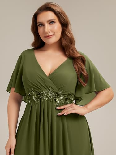 Image of Ever-Pretty Plus Women's Chiffon Plus Size Formal Mother of Bride Dresses | V-Neck, Short Sleeve, Applique, A-Line, Empire Waist, Plus Size Formal Wedding Guest Evening Dresses