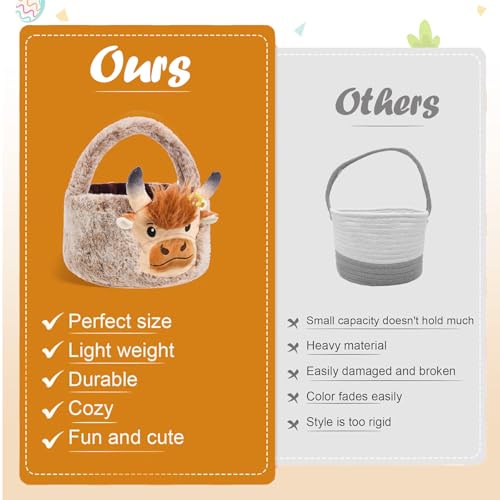 Image of Easter Basket, Soft Highland Cow Plush Baskets, Easter Egg Hunt Buckets, Easter Decorations Indoor Outdoor, Cute Easter Gifts