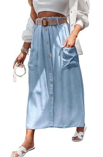 loveimgs Women Summer Elastic Waist Flowy Tencel Denim Maxi Skirt A Line Button Ruffle Cargo Long Jean Skirt Boho Lightweight