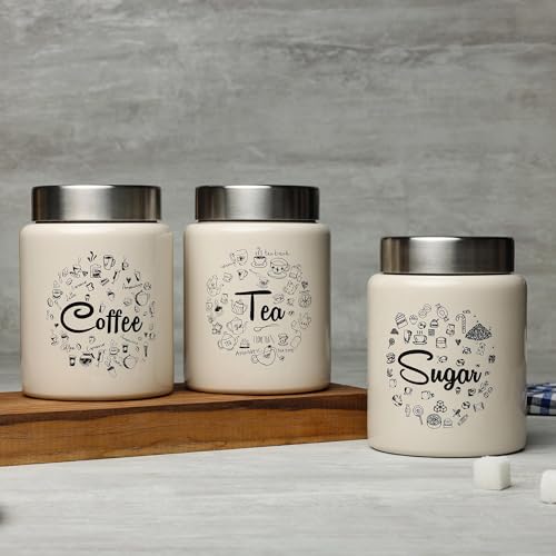 dudki Juego de 3 recipientes para té, azúcar y café, herméticos de acero inoxidable con tapas para encimera de cocina (beis), 950 ml
