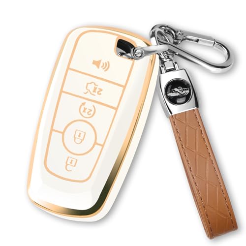 Image of for Ford Key Fob Cover with Keychain, Soft TPU Key Case Shell Full Protection for Ford Explorer Fusion Escape Edge Expedition F150 F250 F350 F450 F550 Maverick Mustang(White-Brown Keychain)