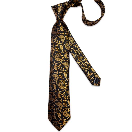 Image of DiBanGu Silk Floral Ties for Men Woven Paisley Necktie and Tie Clip Handkerchief Cufflinks Set for Party Wedding