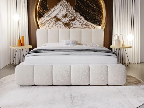 GRAINGOLD Cloud Bett 140x200, Polsterbett mit Bettkasten, Polsterbett mit Stauraum, Bouclé-Stoff, mit Lattenrost, mit Kopfteil, ohne Matratze (Beige, 140x200)